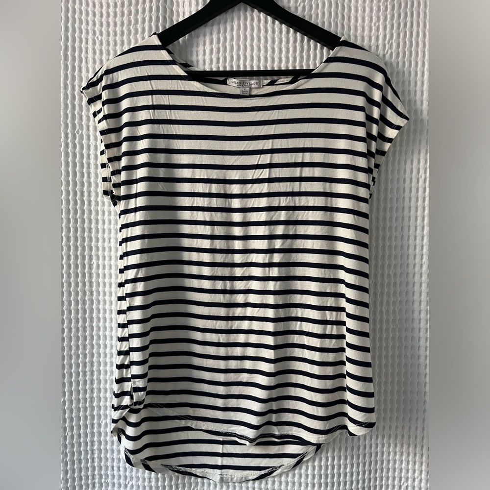 Green Envelope drapey blue and cream striped top